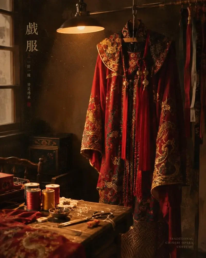 《灯下逢衣》封面：灯下悬挂的刺绣戏服与缝纫工具