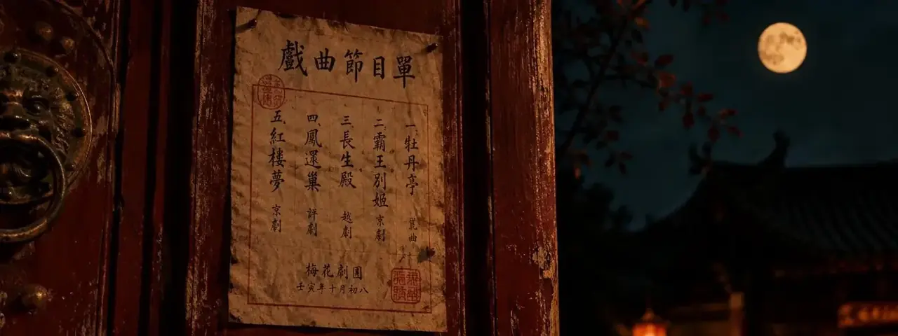 桂榜新剧页头：旧木门上张贴的手写戏曲节目单