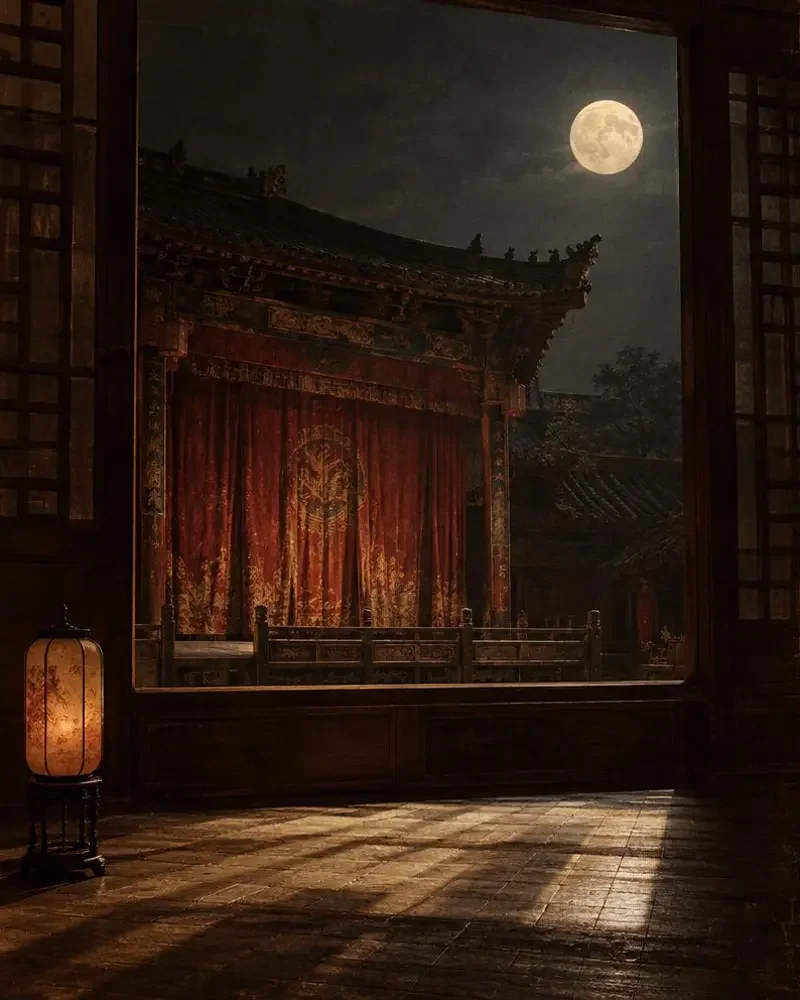 《月照戏台》封面：旧戏台红色幕布与窗外满月，月光落在木地板上