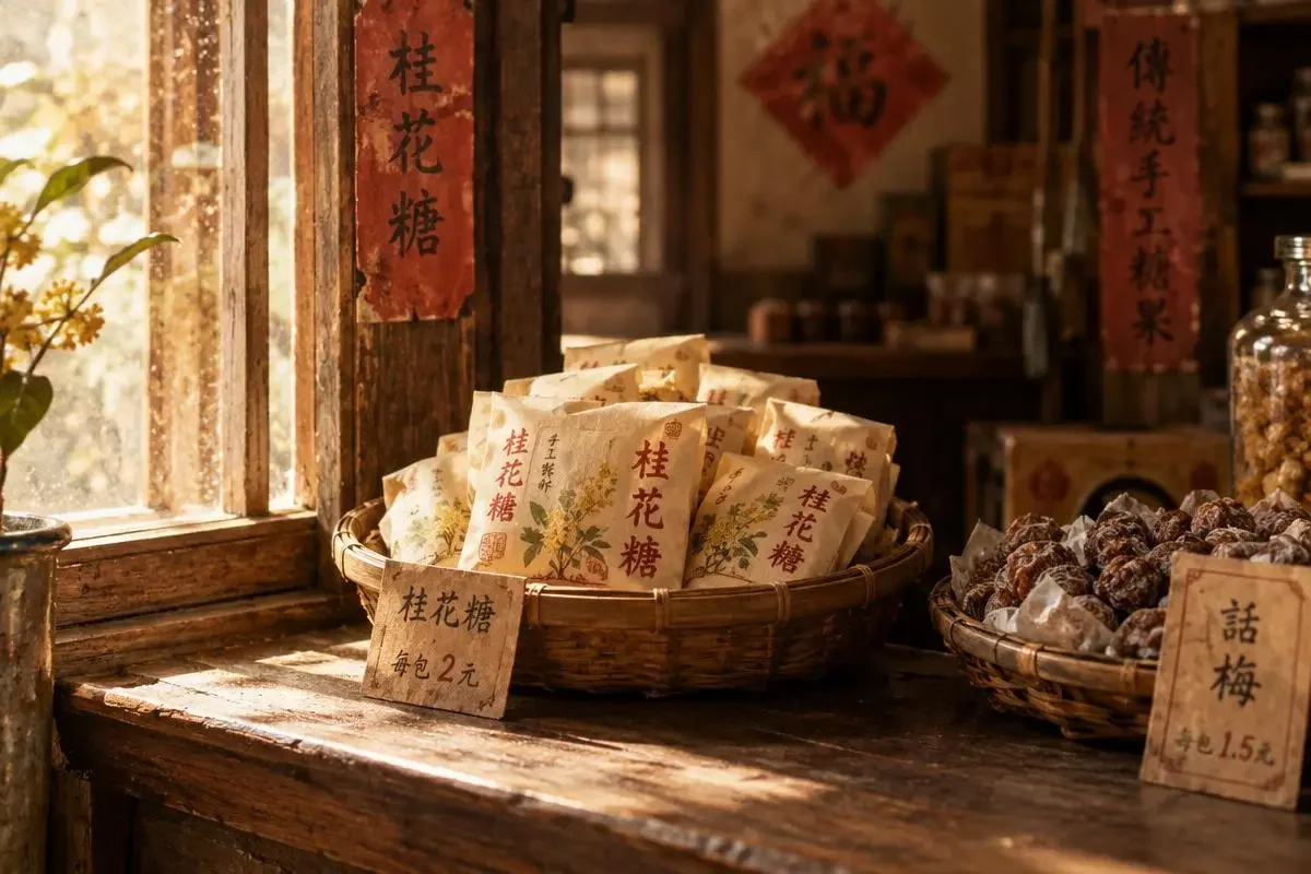 书院故事封面：老糖铺柜台上的桂花糖纸包与竹篮
