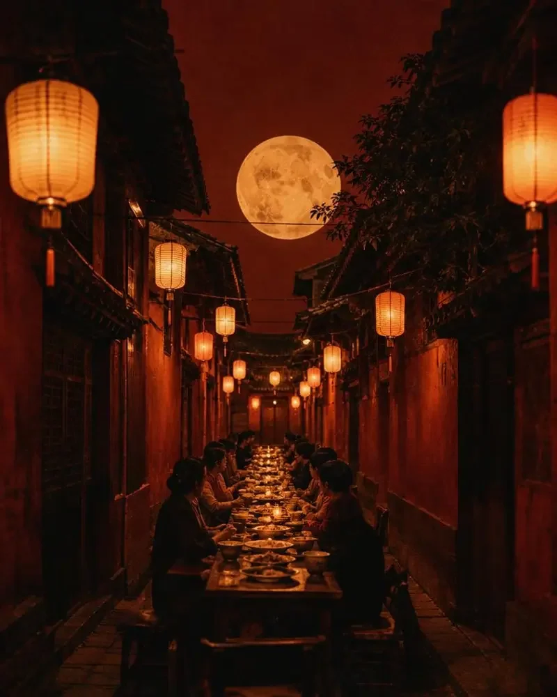 《巷里满月》封面：老巷长桌宴与屋顶间的满月