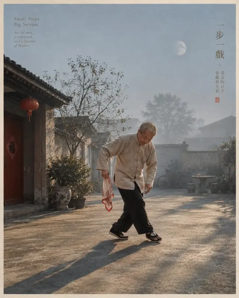 《回场三步》封面：清晨小区空地上练步法的老人与长影子