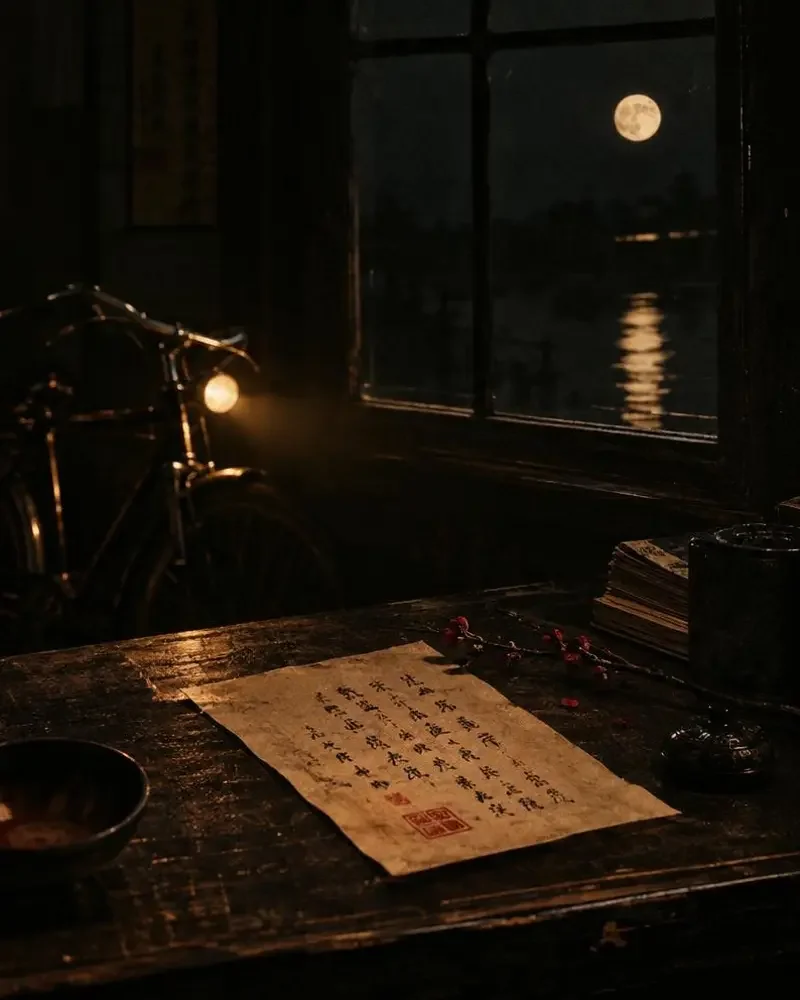 《月下寄信》封面：木桌上带红印的手写家书与窗外明月