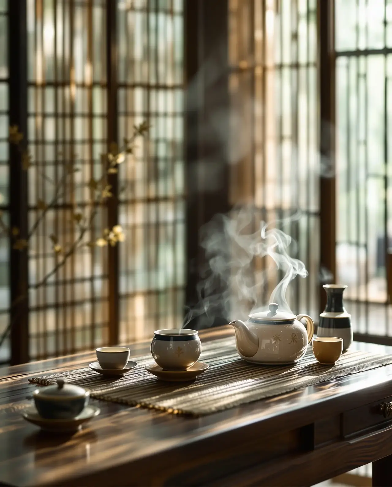 《掌上茶事》封面：老茶馆木桌上冒着热气的青瓷茶杯与窗边晨光