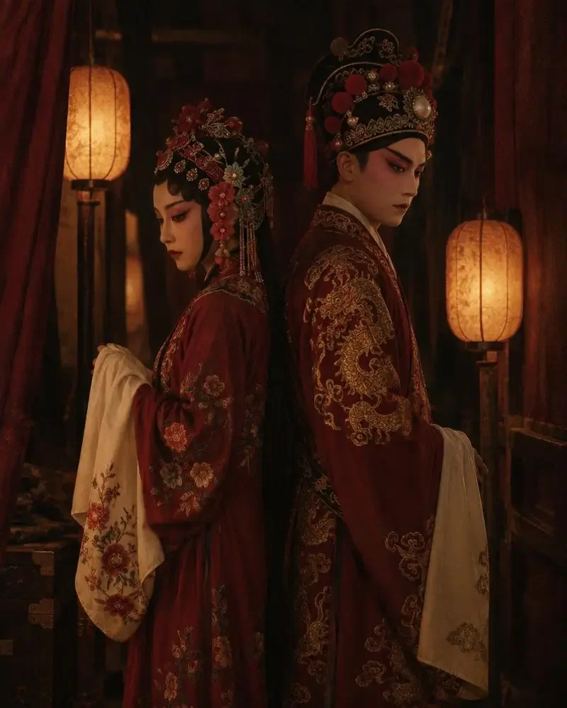 《将台两人》封面：两位戏曲演员在昏黄后台走廊背对背站立
